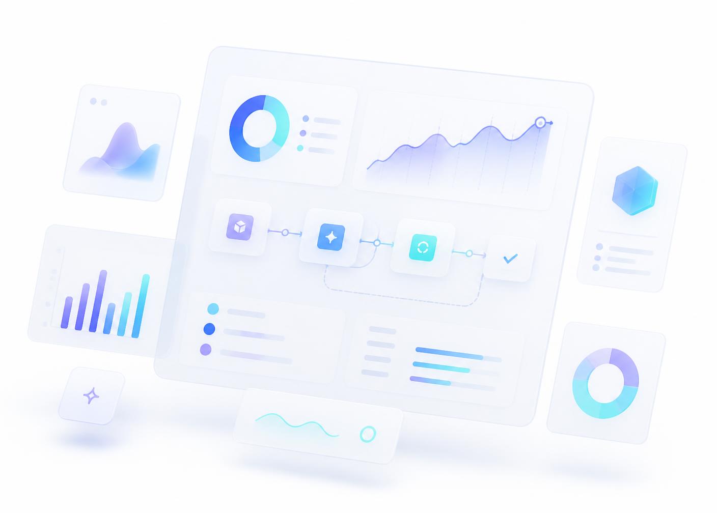 Abstract dashboard illustration with charts and workflow nodes